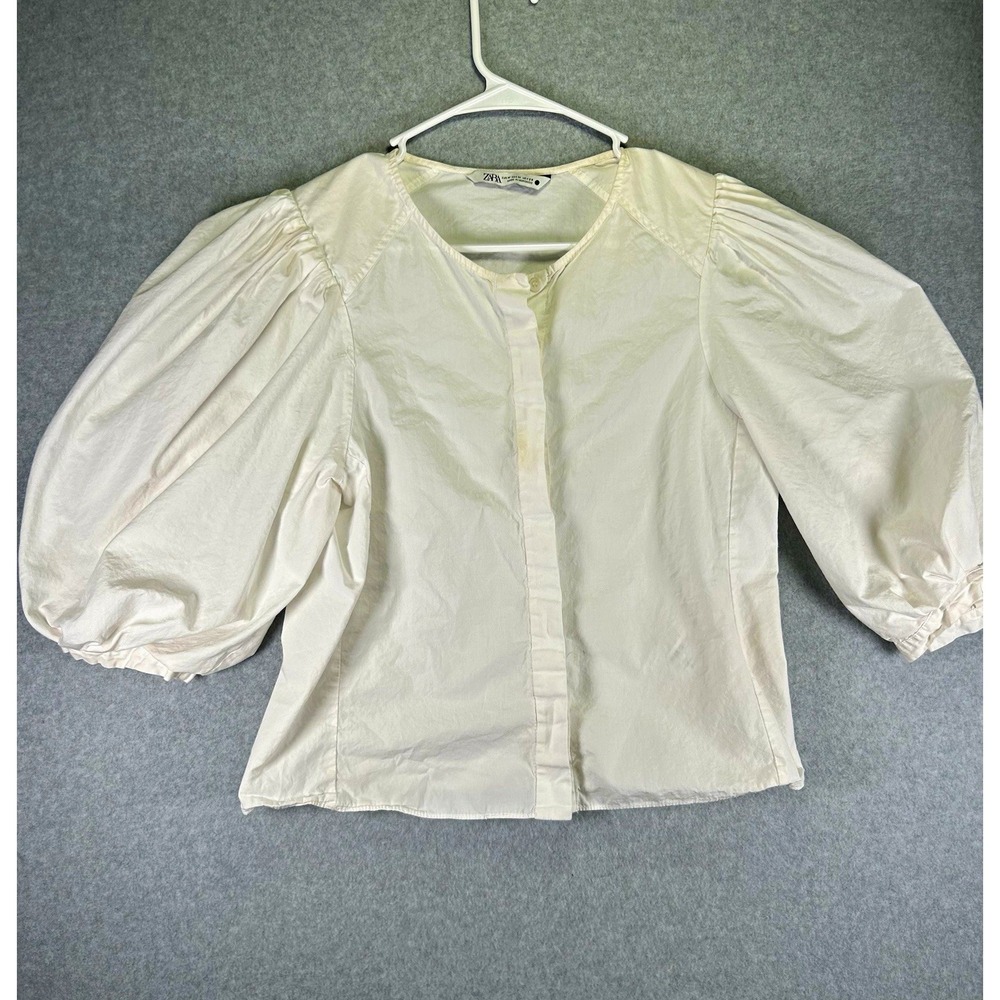 Stain*ZARA Blouse Women's M White Solid 100% Cotton Woven Round Neck Puff Sleeve